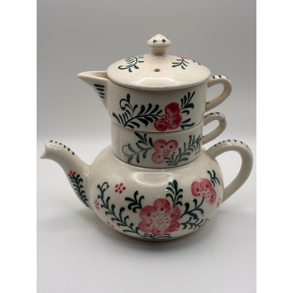 Vintage Stackable Tea For One Set Hand Painted Floral Ceramic Teapot Creamer Cup